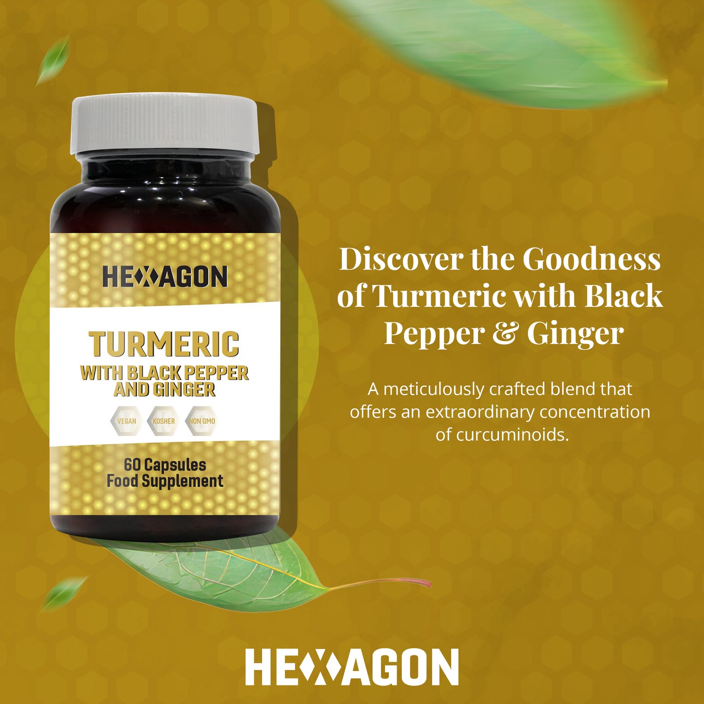 Hexagon Turmeric with Black Pepper & Ginger Food Supplement Vegan Capsules