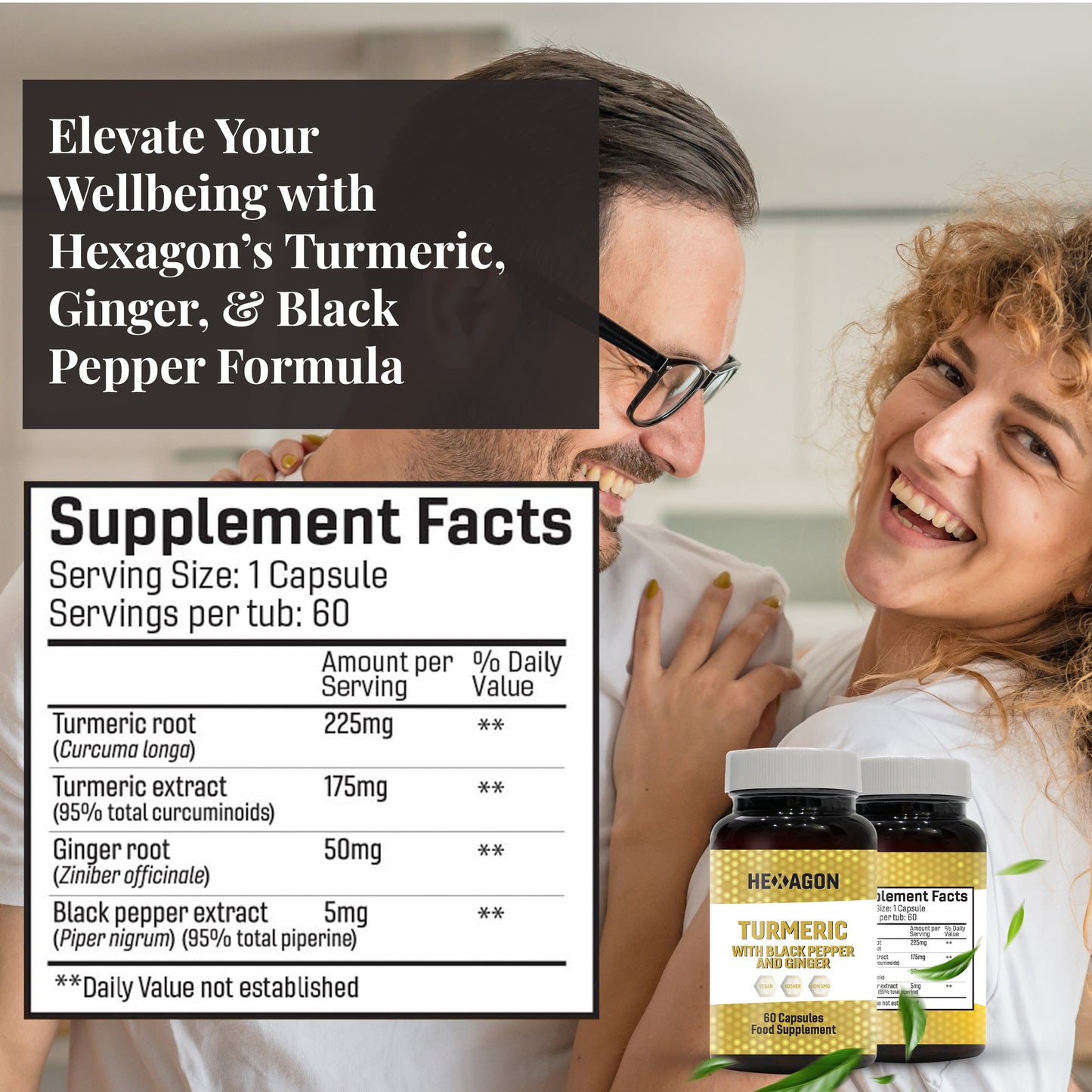 Hexagon Turmeric with Black Pepper & Ginger Food Supplement Vegan Capsules