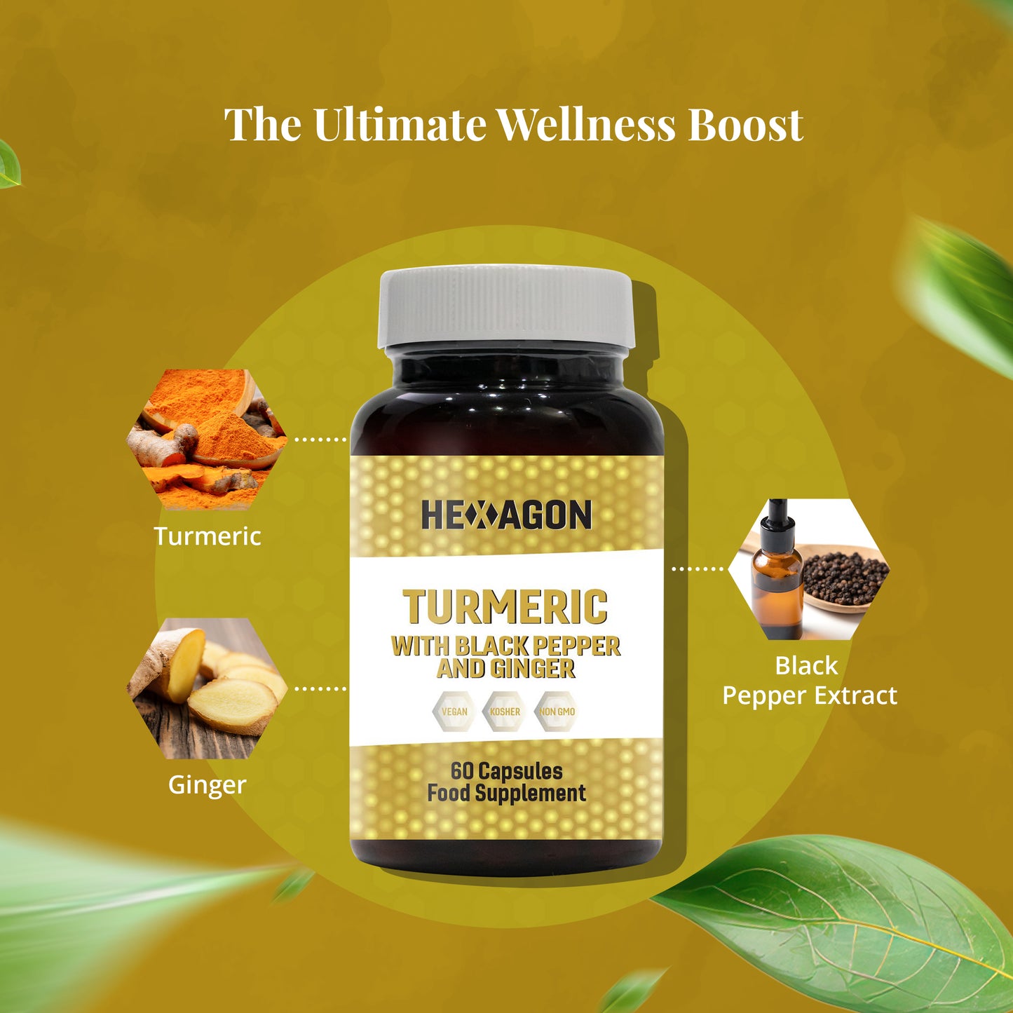 Hexagon Turmeric with Black Pepper & Ginger Food Supplement Vegan Capsules