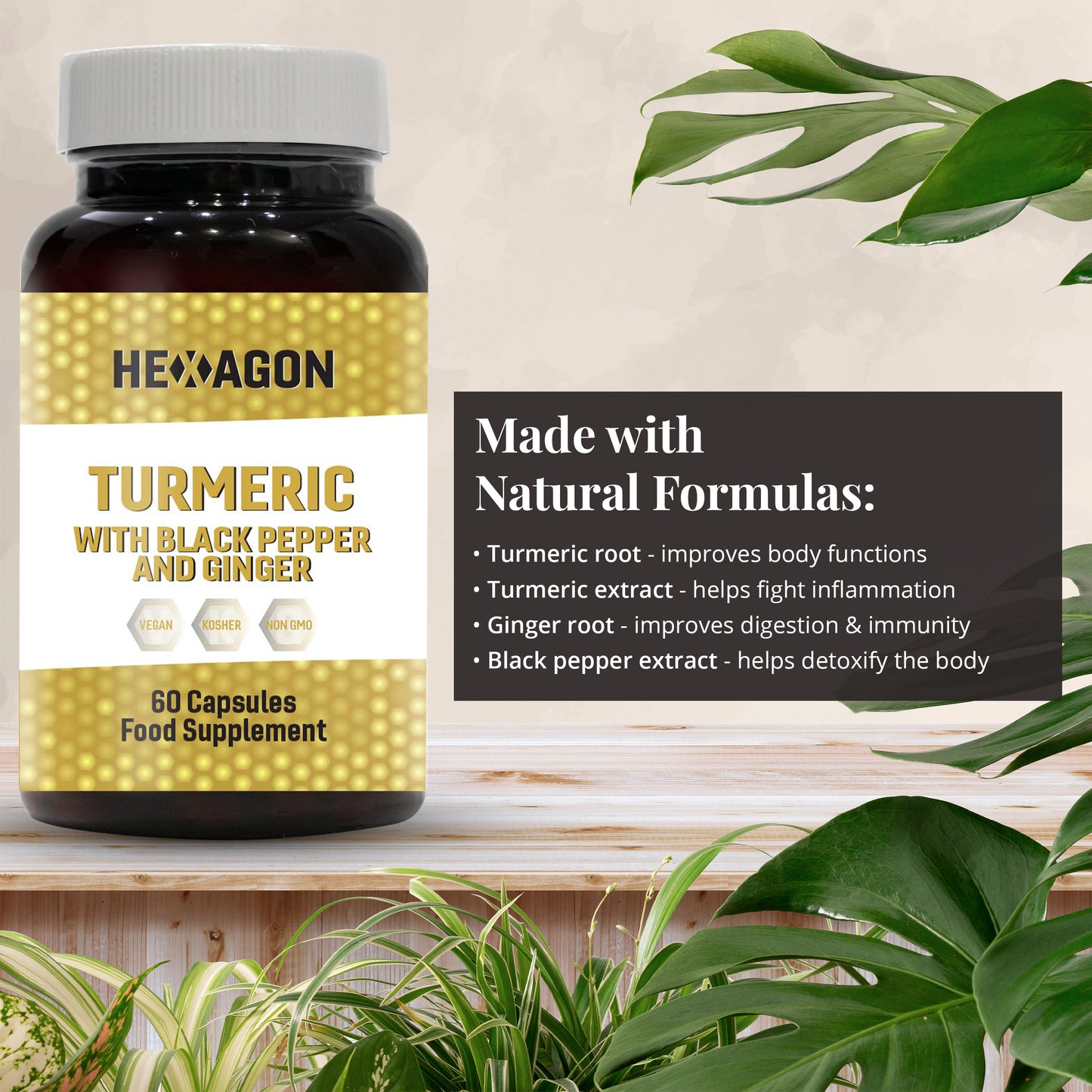 Hexagon Turmeric with Black Pepper & Ginger Food Supplement Vegan Capsules